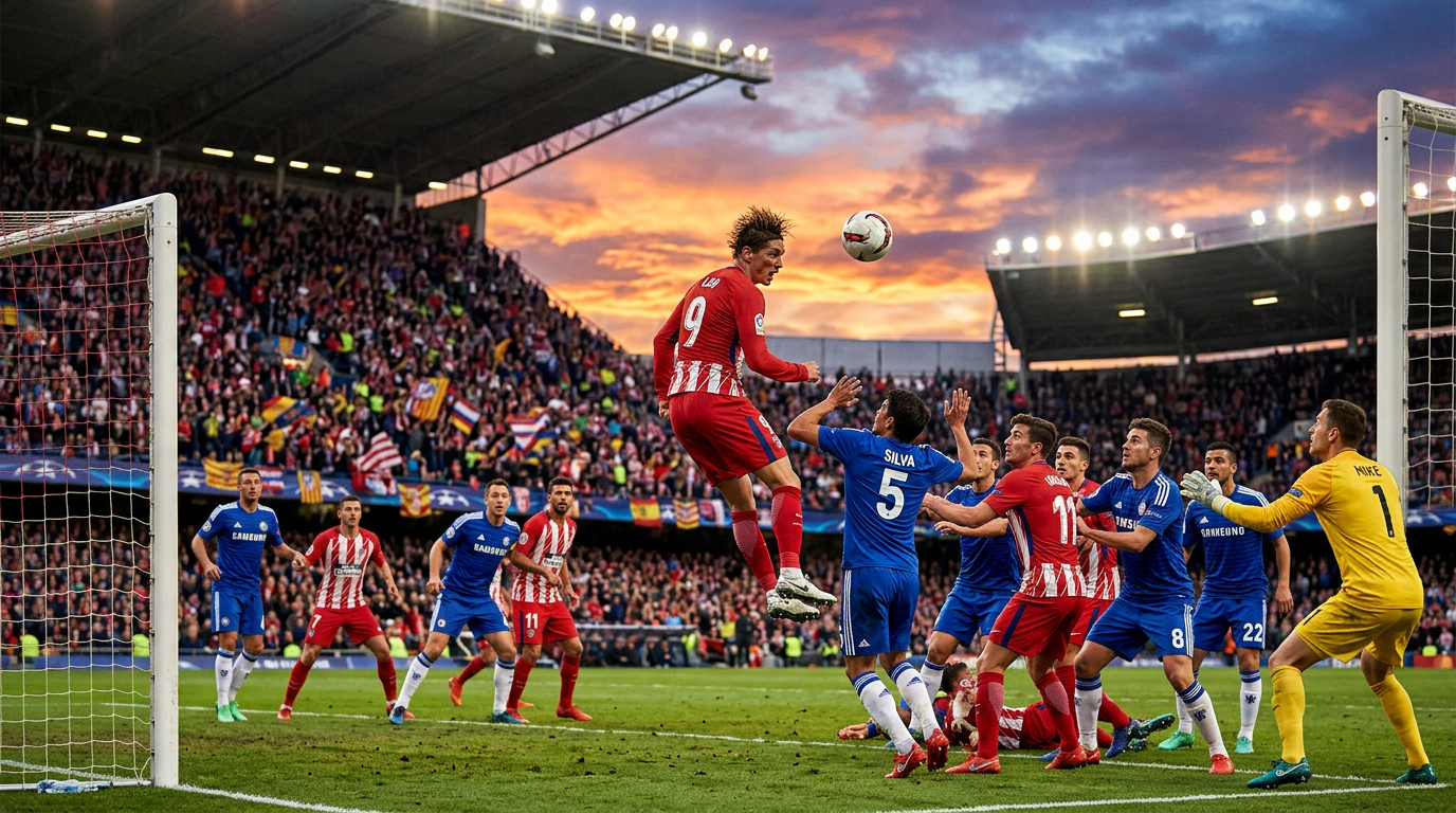 Football corner kick action with player jumping to head the ball in a packed stadium