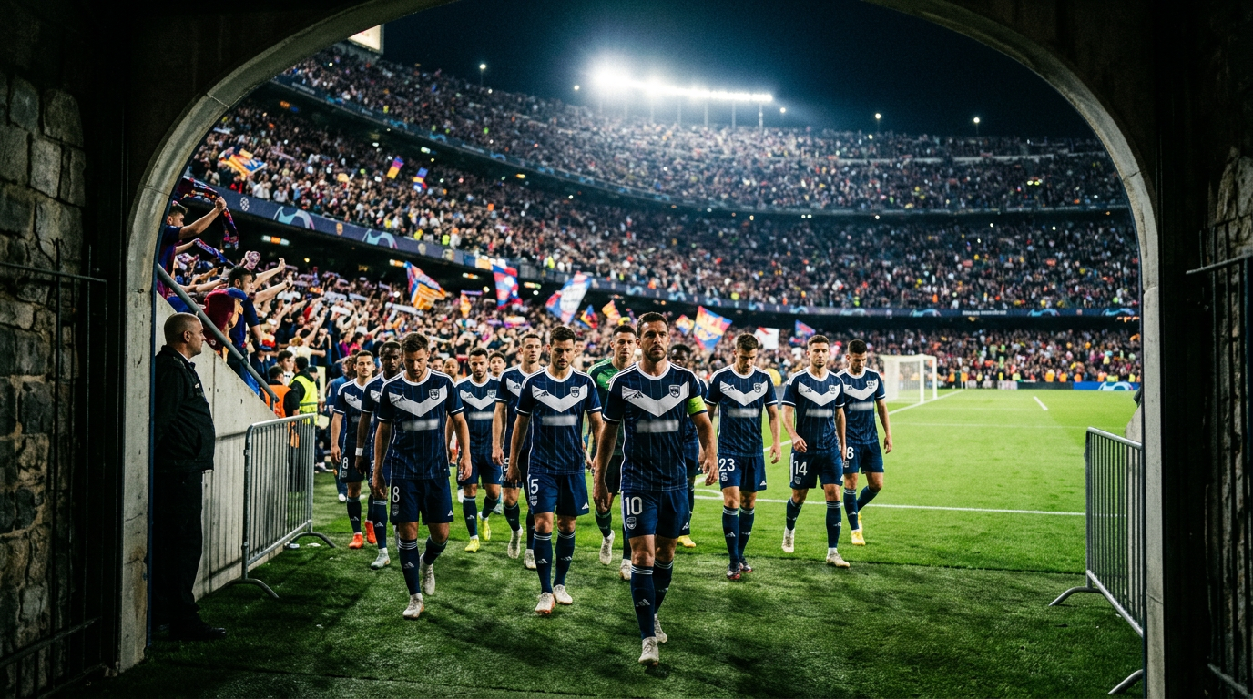 Professional football players walking out of the stadium tunnel onto the pitch