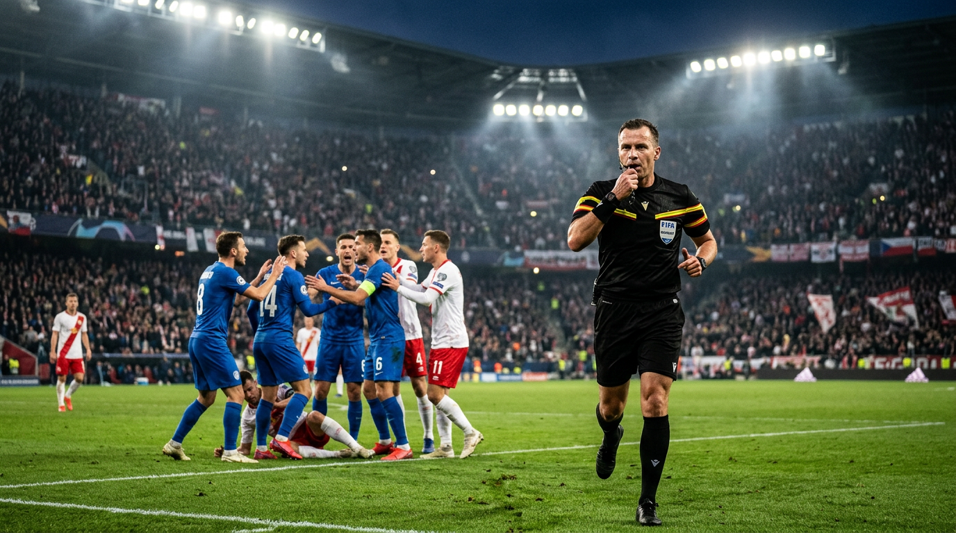 Football referee on the pitch signaling a decision during a match