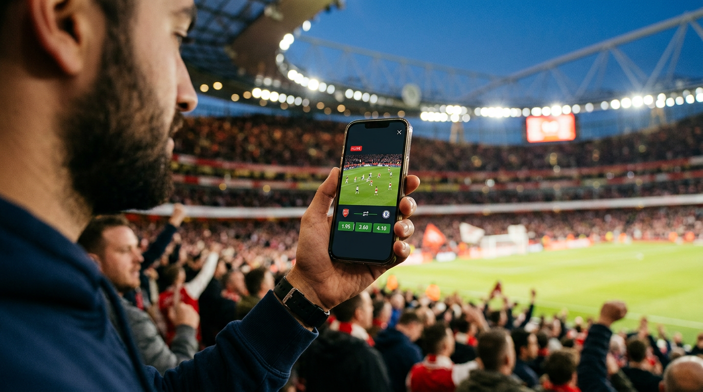 Smartphone showing live football match with betting odds at the stadium