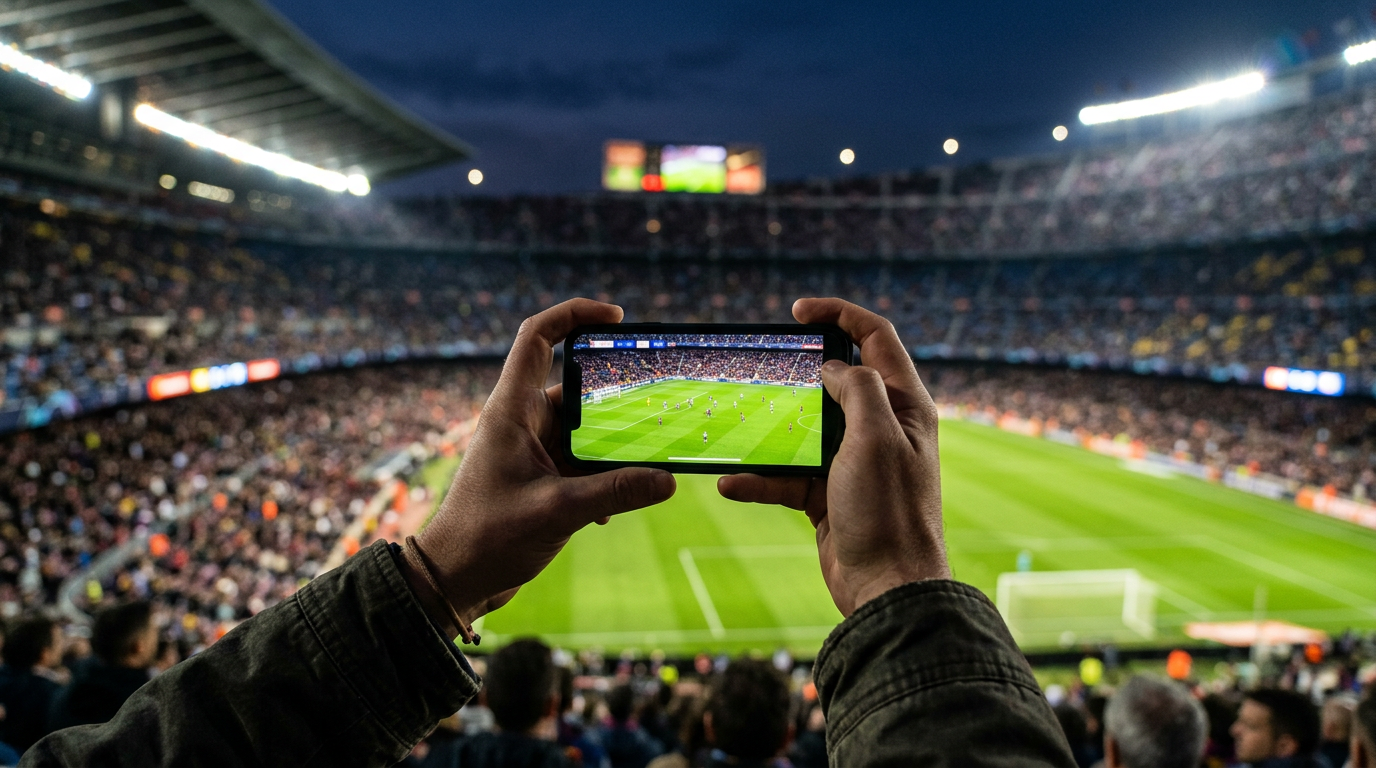Hands holding a smartphone with a football pitch on screen at a stadium