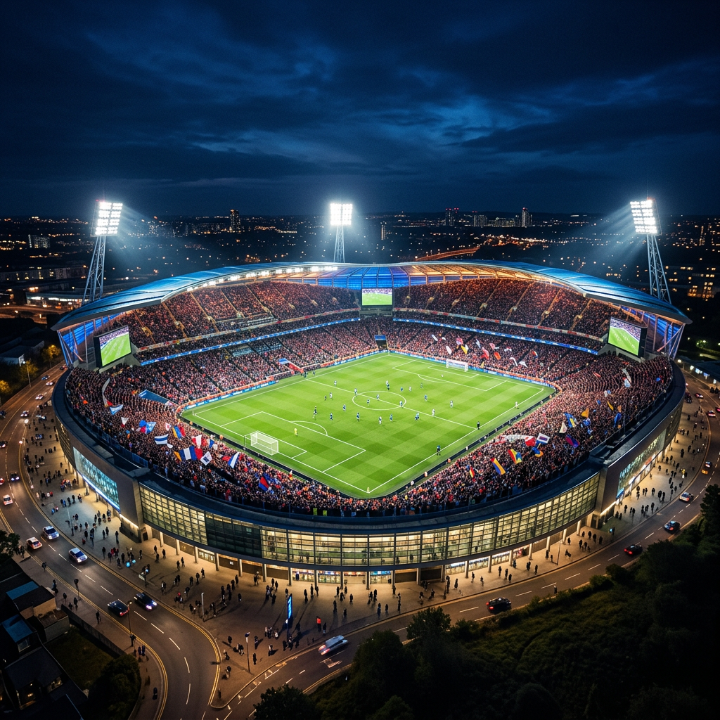 Football stadium at night with floodlights for live betting exchange trading