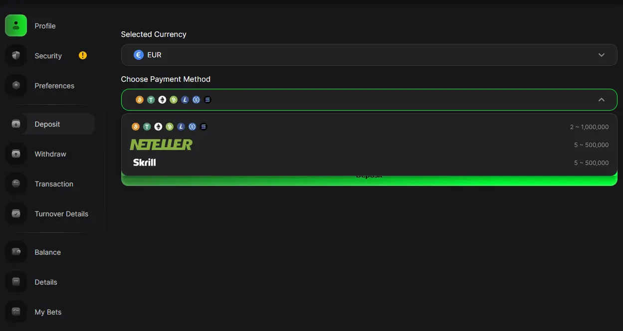 BFB247-96EX Orbit Exchange deposit interface showing Skrill, Neteller and Crypto options