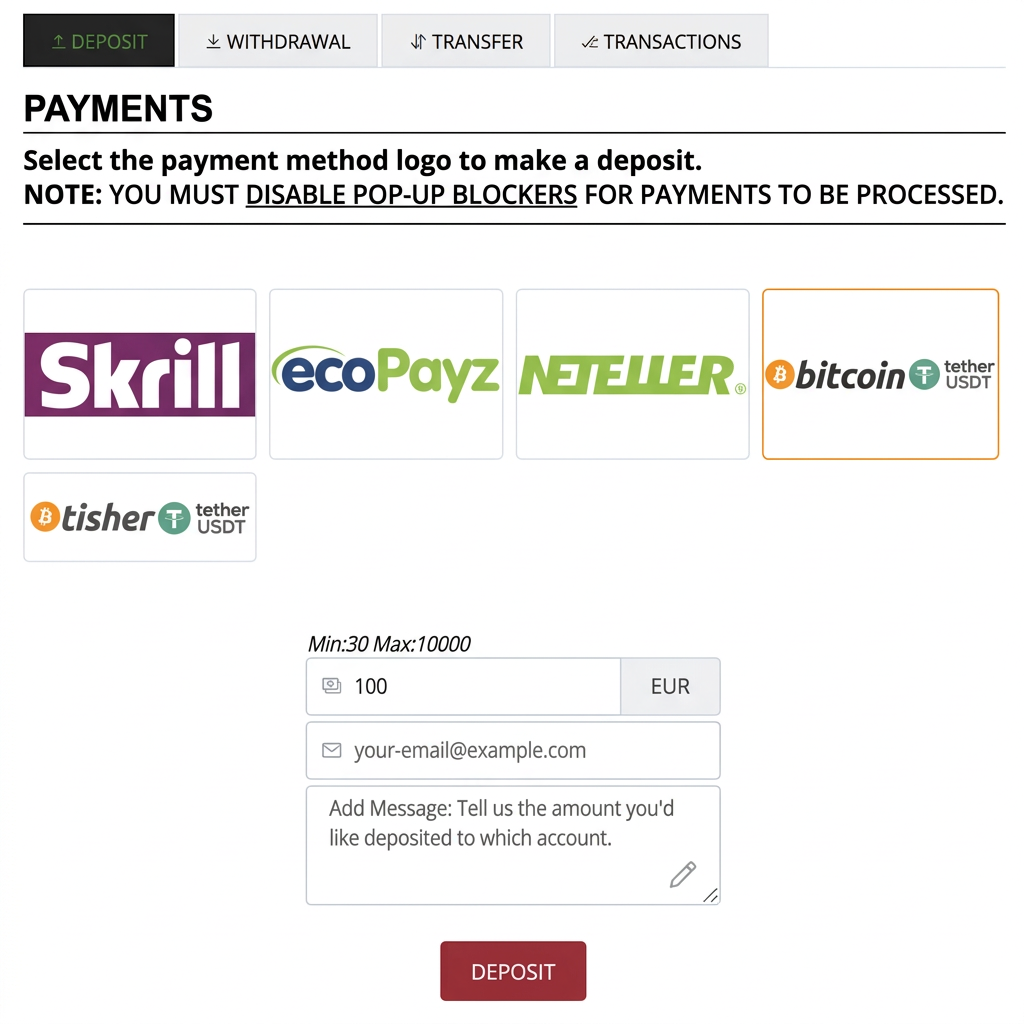 Bet-Football payments page - deposit with Skrill ecoPayz Neteller Bitcoin for Orbit Exchange