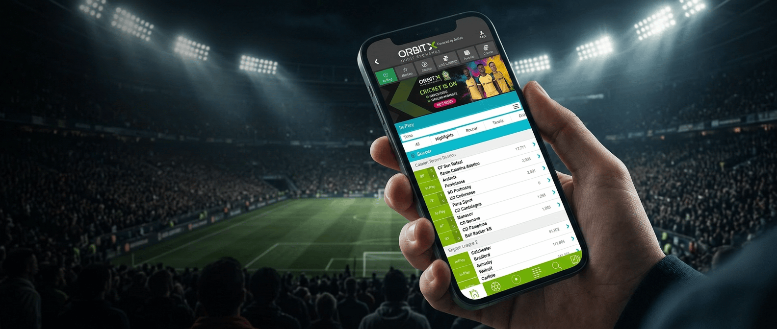 Trader accessing Orbit Exchange trading interface on smartphone from a football stadium