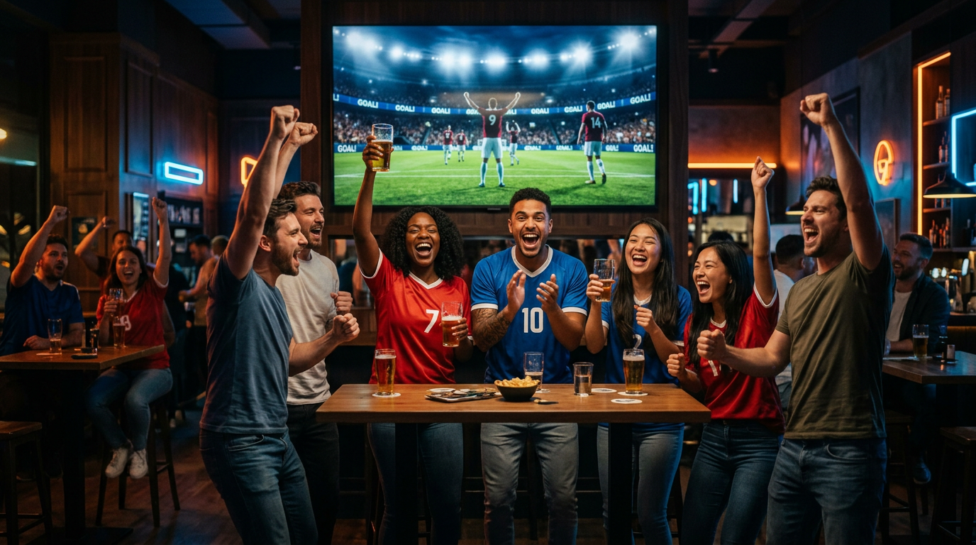 Football fans and bettors celebrating a winning trade while watching live football